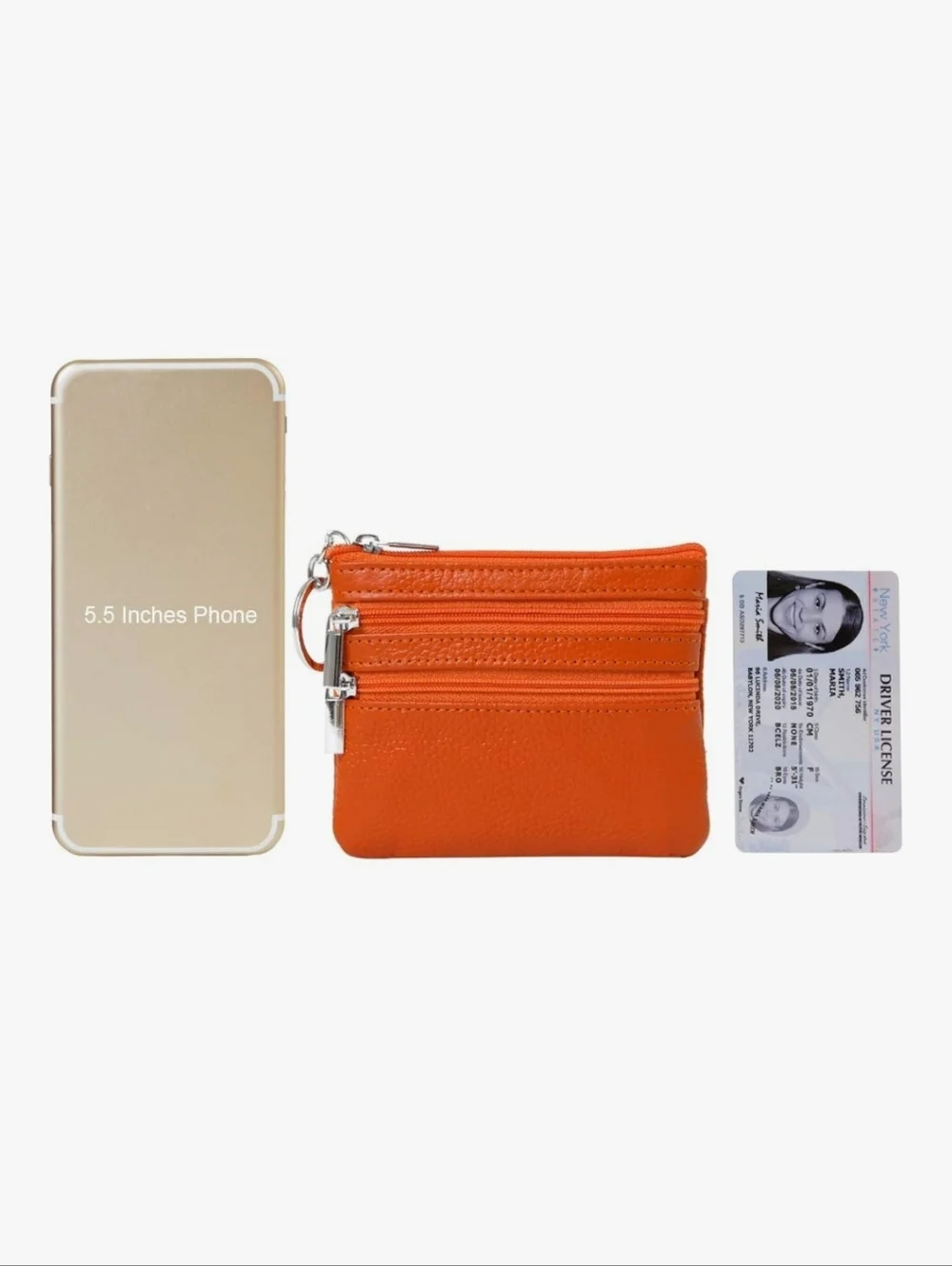 Orange Genuine Leather Mini  Zip Card Case Keyring - Picture 6 of 6